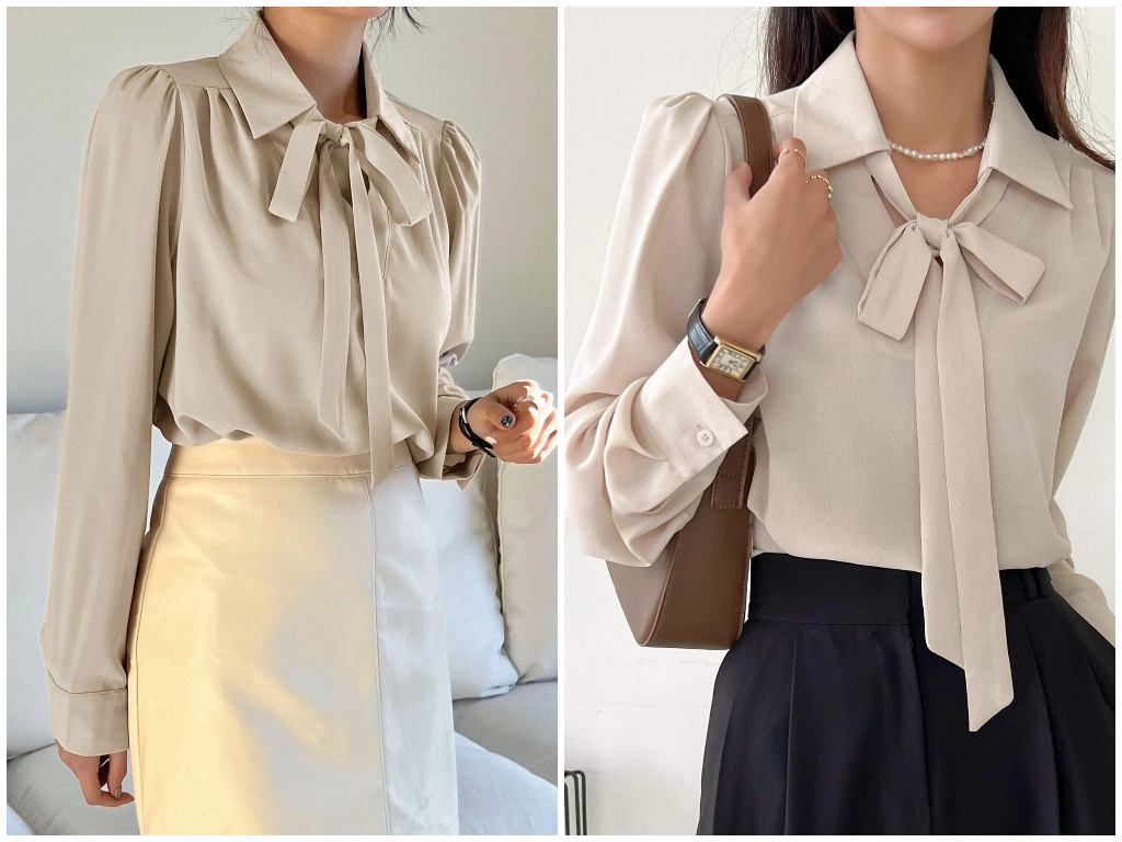 4、DAZY Solid Tie Neck Puff Sleeve Blouse