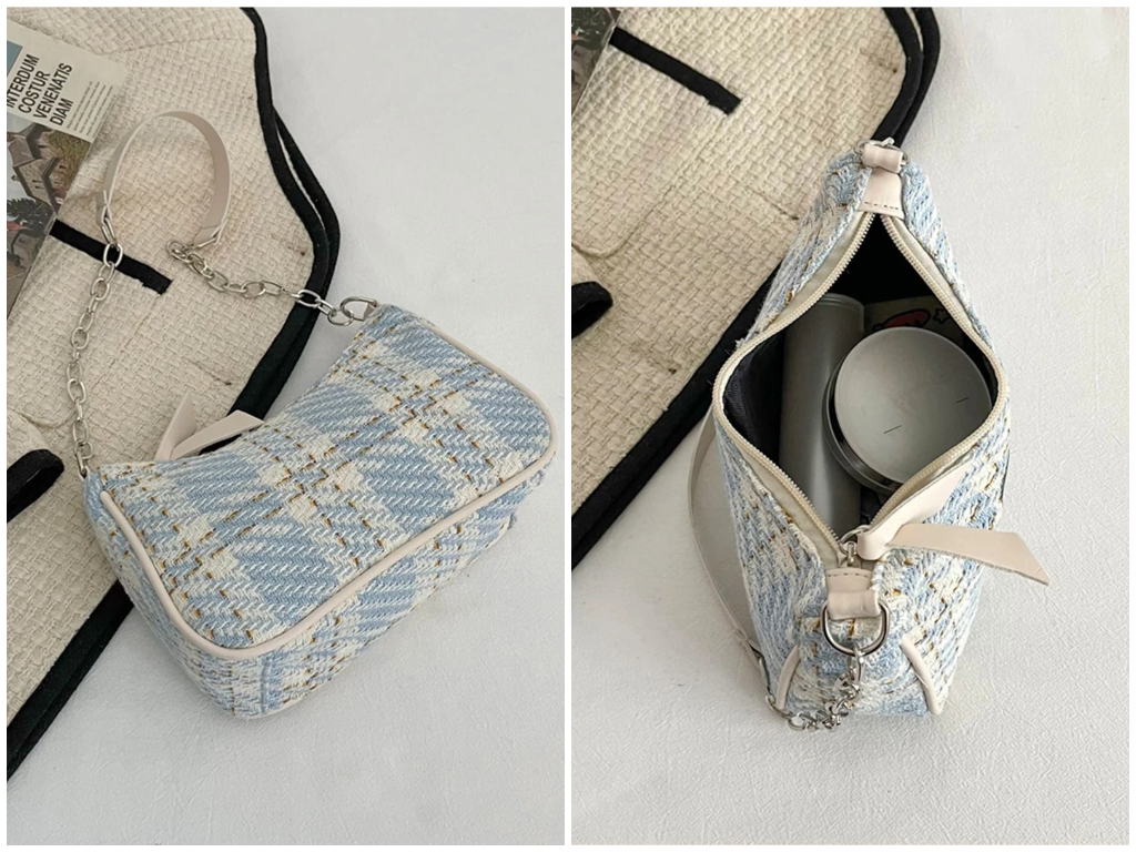 7、Plaid Pattern Knot Decor Baguette Bag