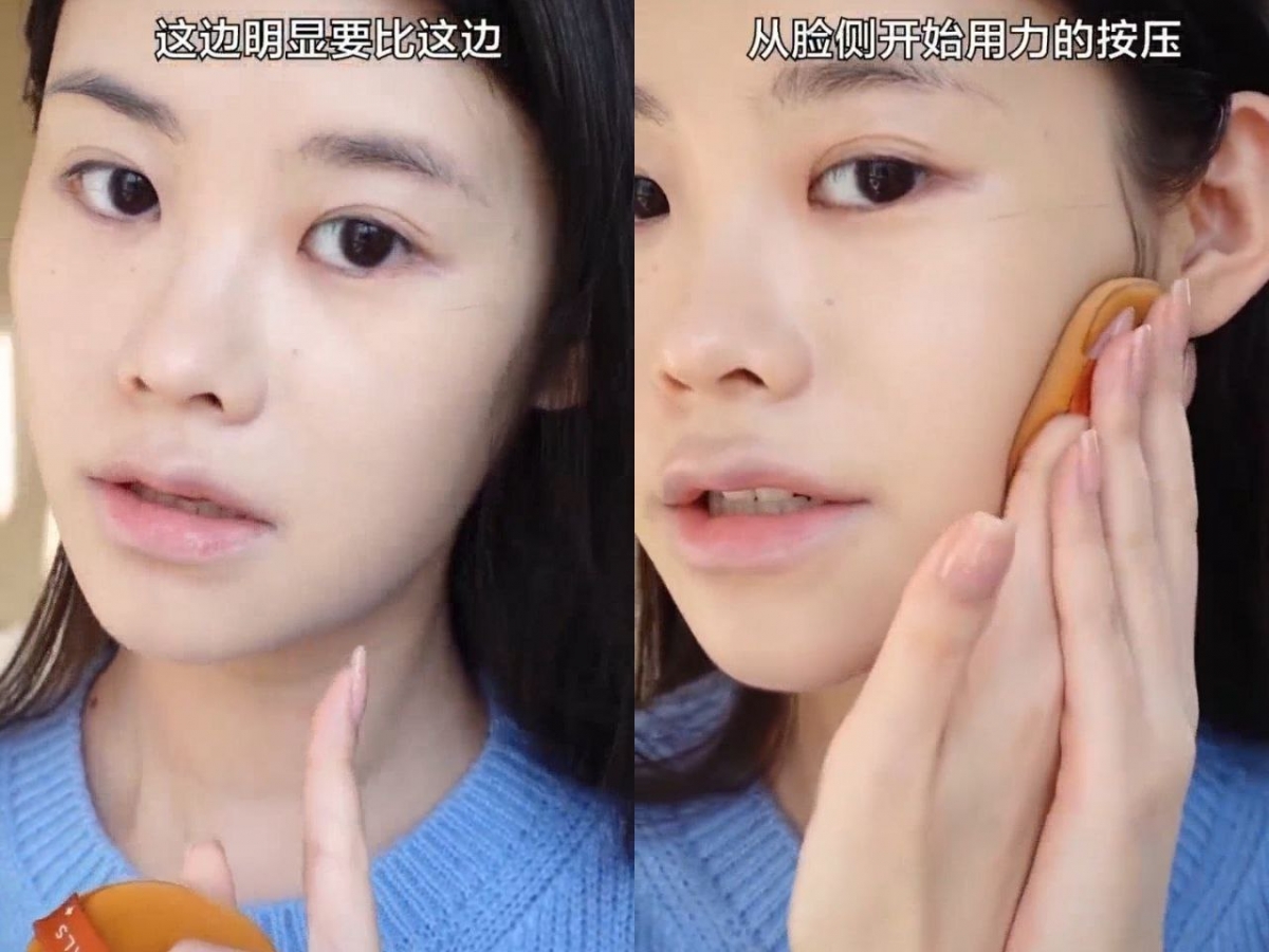 先按压半边脸，然后再喷定妆喷雾 4 -5 次，继续按压另外半边脸