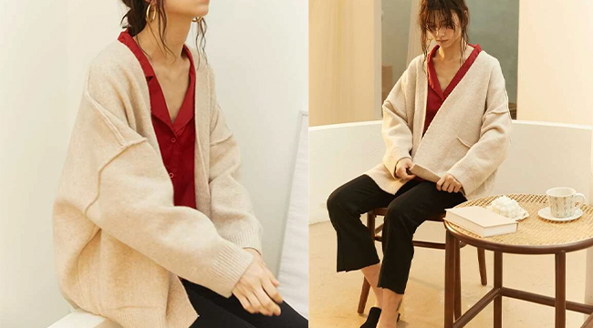 4、Knit Mix Drop Shoulder Double Pocket Cardigan