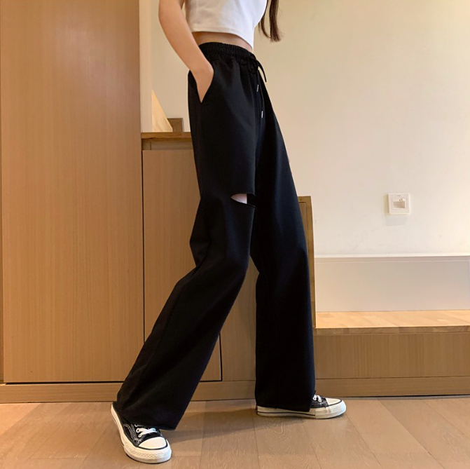 1、韩式风「破洞」阔腿裤