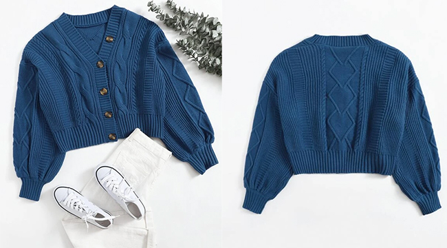 8、SHEIN EZwear Button Front Cable Knit Cardigan