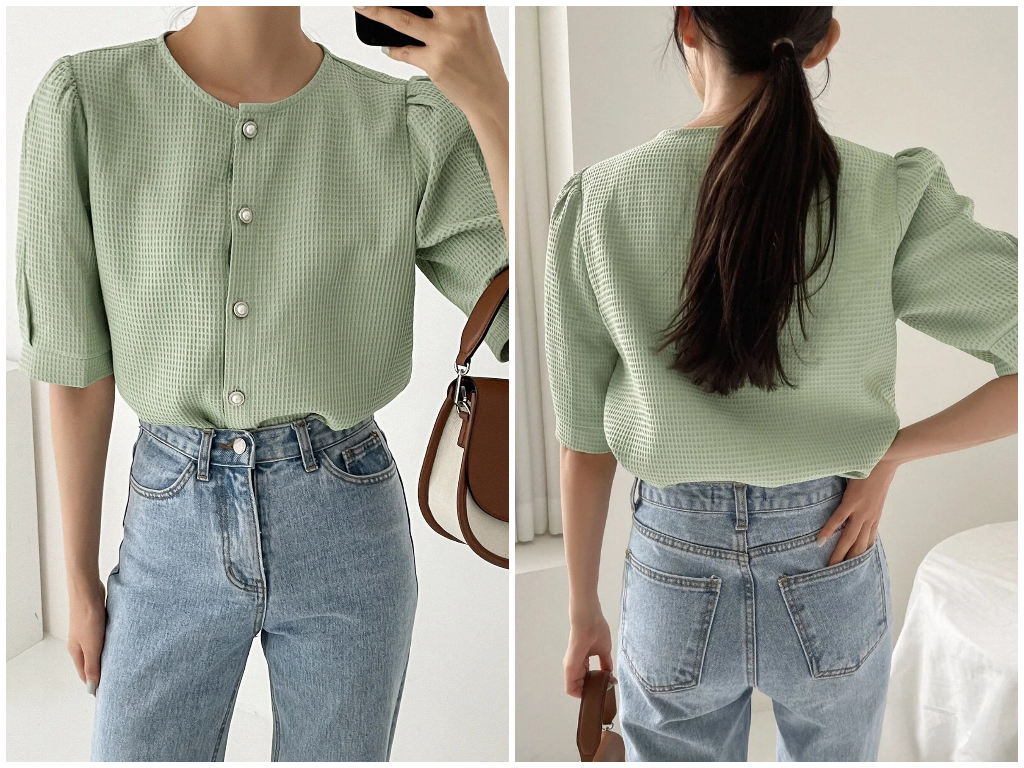 7、DAZY Puff Sleeve Waffle Textured Blouse