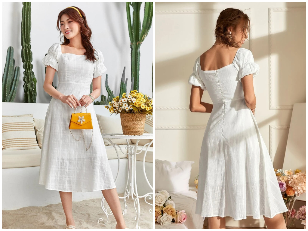 3、SHEIN MOD Eyelet Embroidery Puff Sleeve Ruched Bust Dress