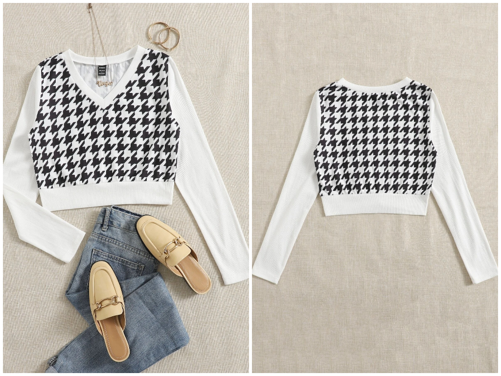 8、EZwear Houndstooth Print V Neck Tee