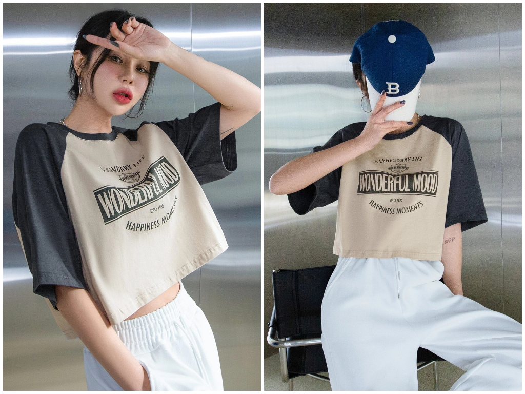4、DAZY Letter Graphic Contrast Raglan Sleeve Crop Tee