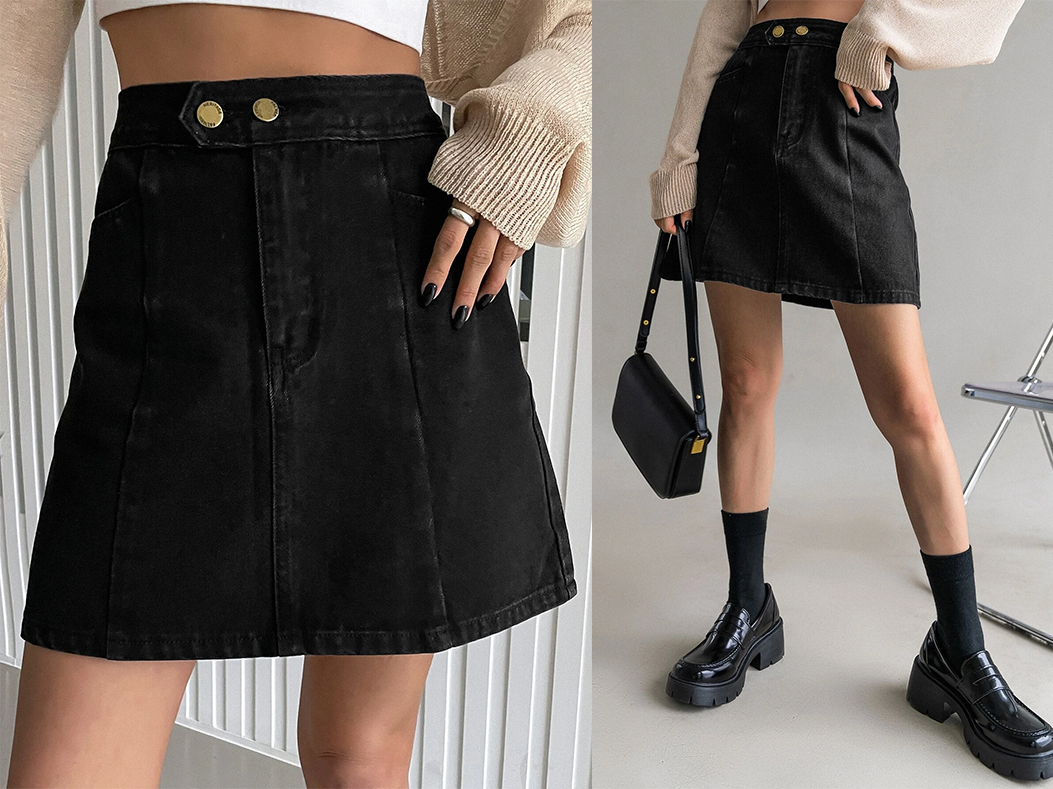 2、DAZY High Waist Button Front A-Line Denim Skirt