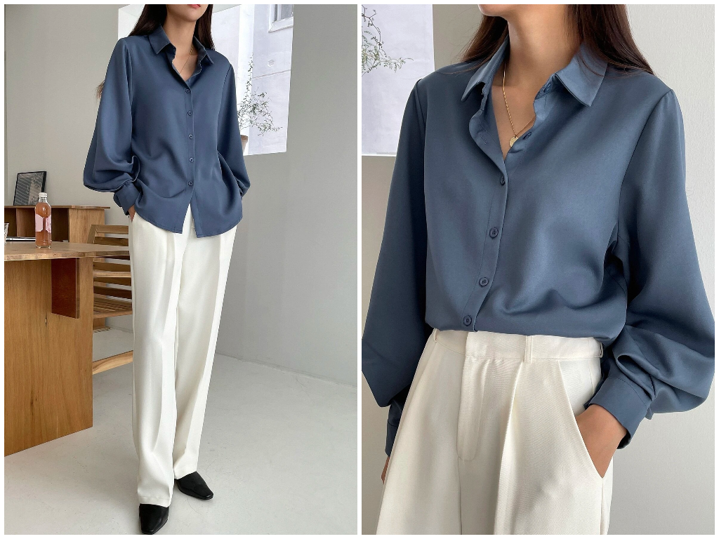 7、DAZY Solid Button Front Lantern Sleeve Shirt