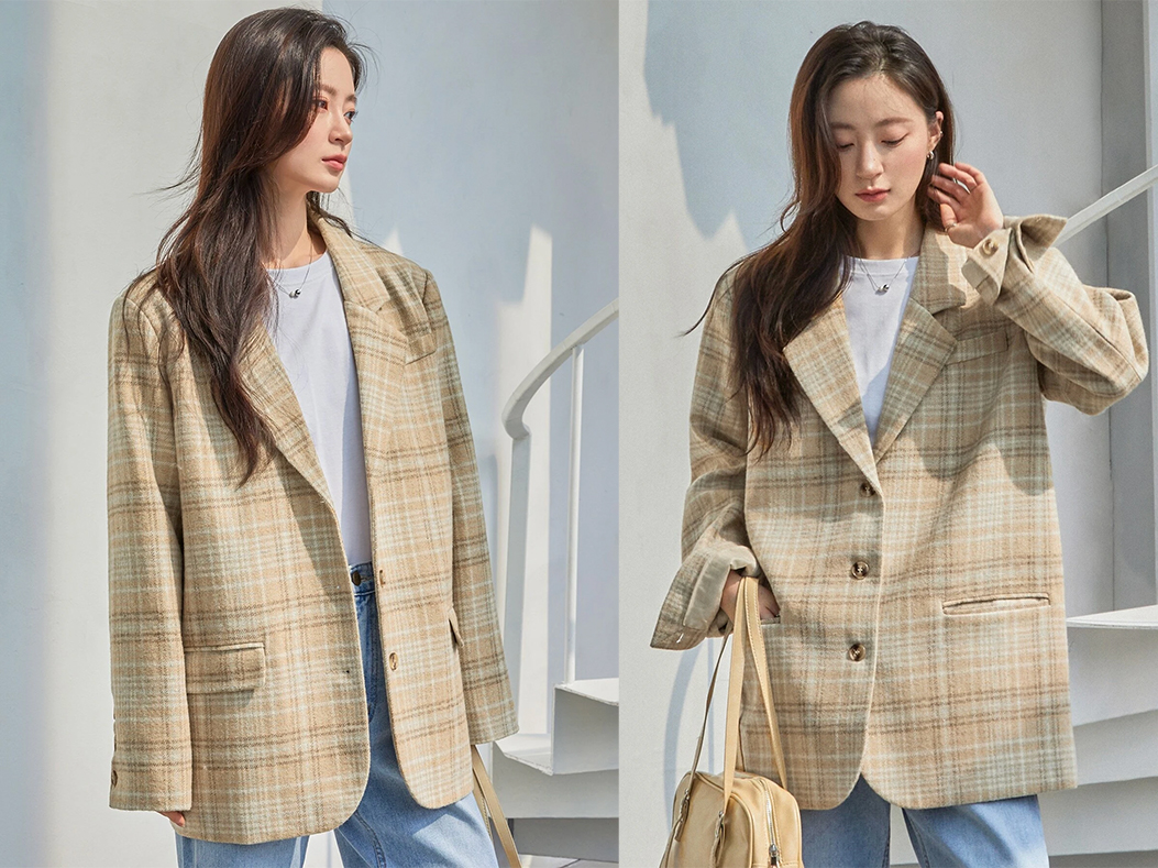 6、Dazy-Less Plaid Single Breasted Blazer