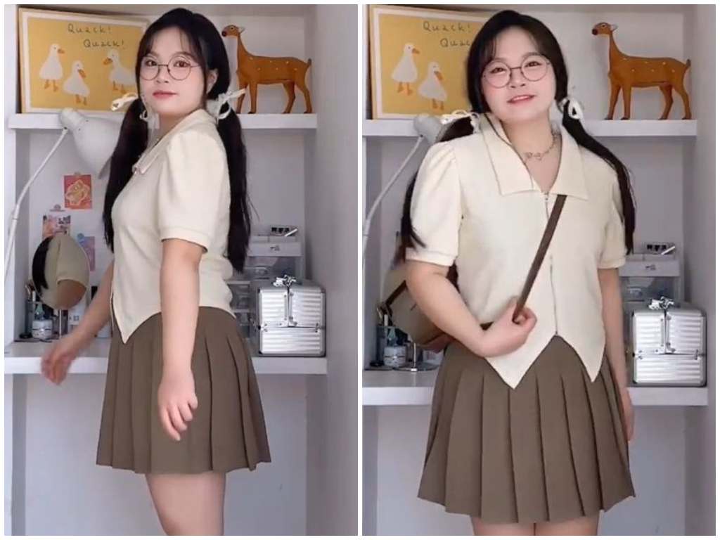 Look 3:双 V 小上衣 + 校园风百褶裙