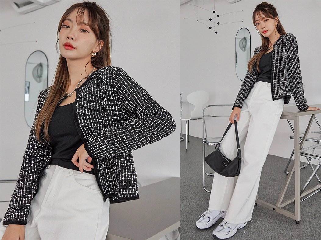 6、DAZY Plaid Pattern Open Front Tweed Overcoat