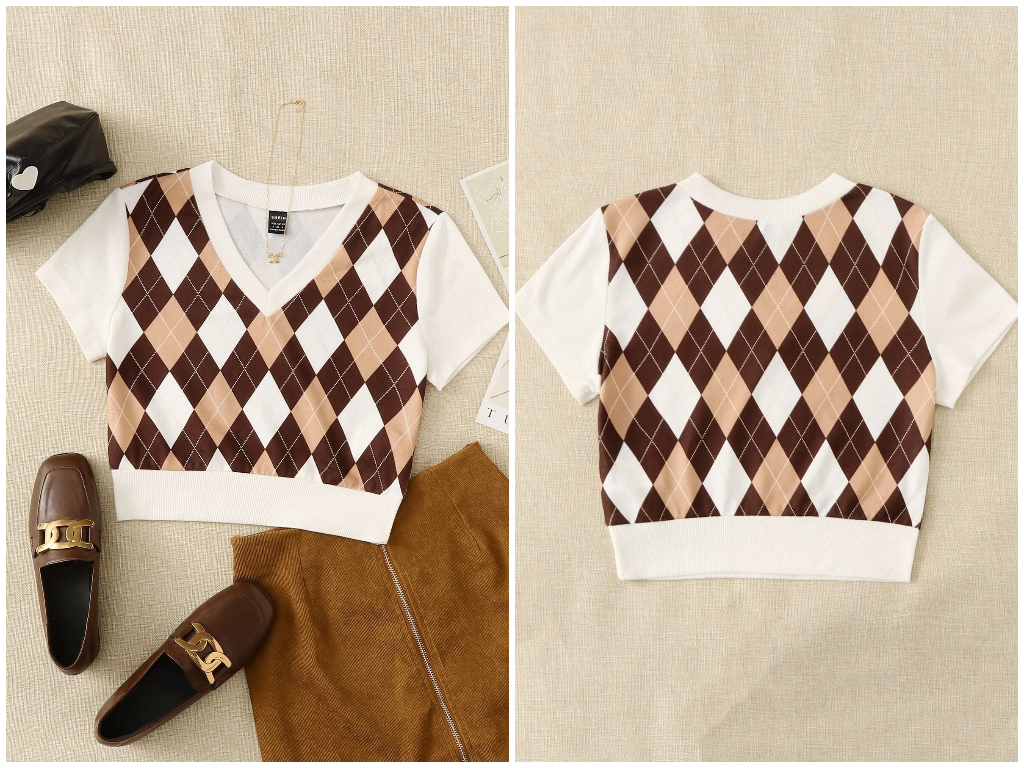 7、EZwear V Neck Argyle Print Tee