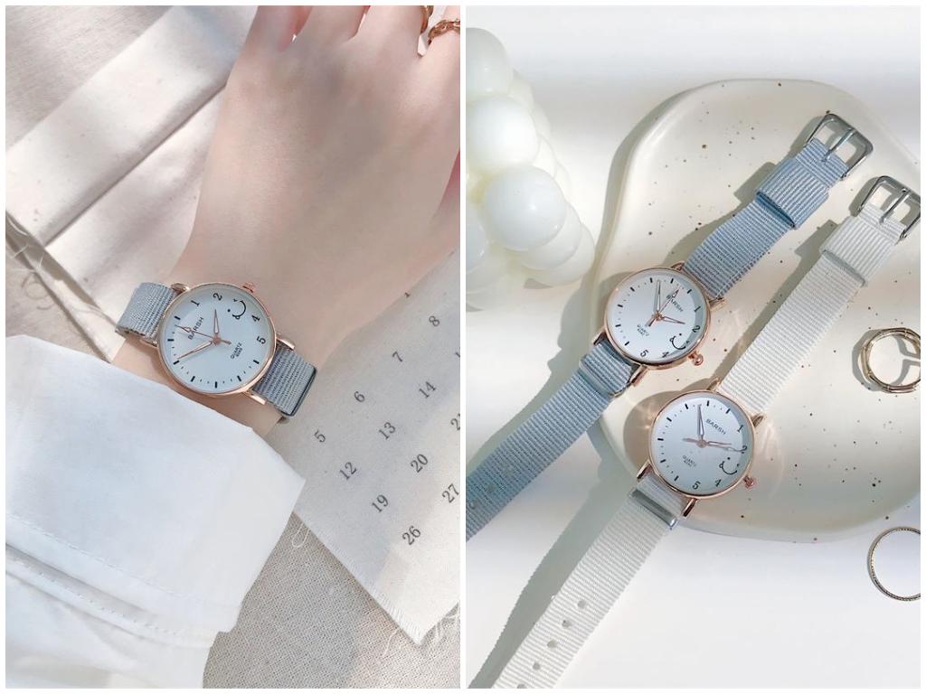 6、可爱笑脸圆形表盘尼龙表带石英石表