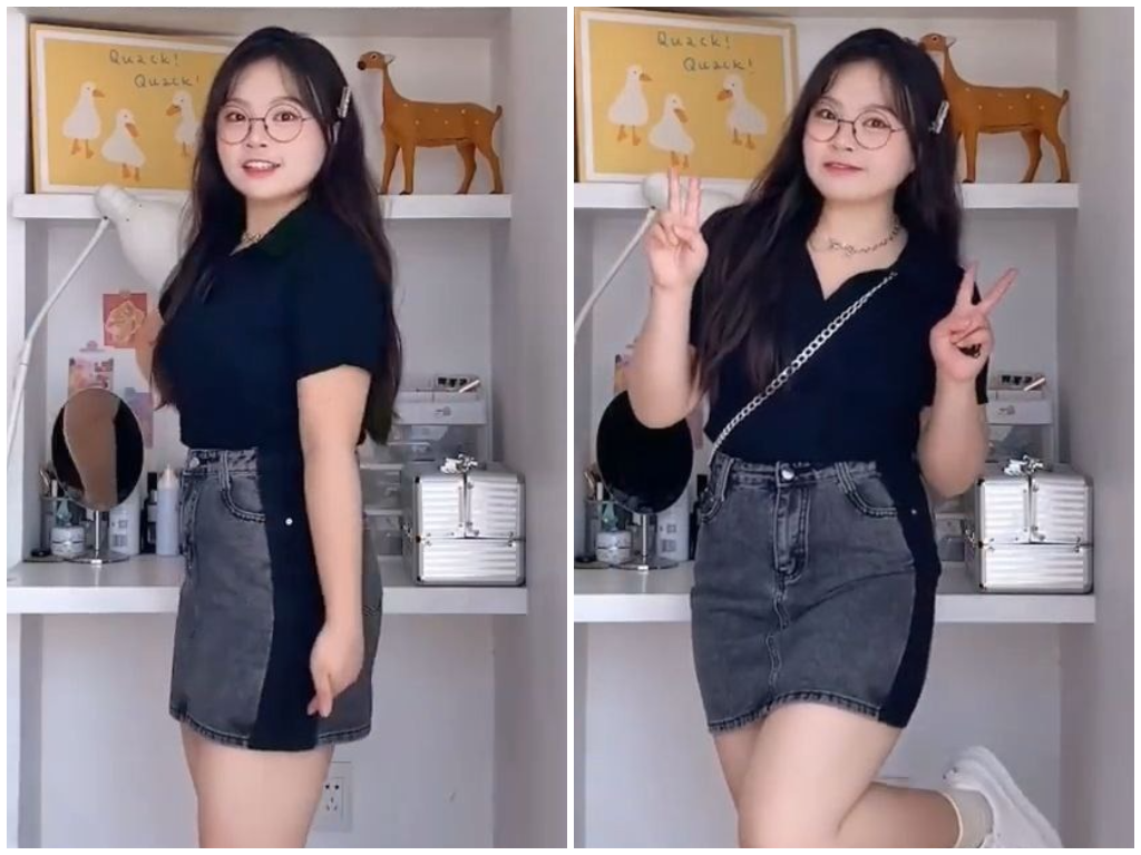Look 2:纯色 Polo 衫 + 牛仔裙
