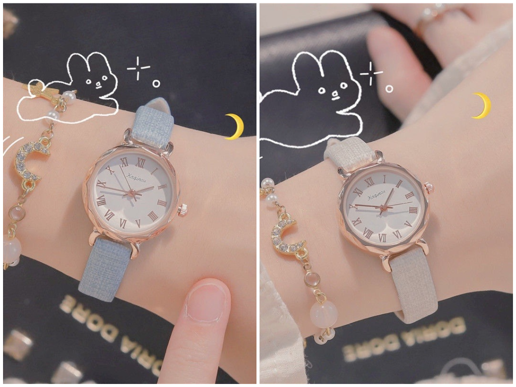 4、优雅少女风圆形罗马文刻度石英石表