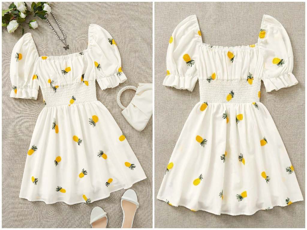 1、Square Neck Pineapple Print Shirred Dress