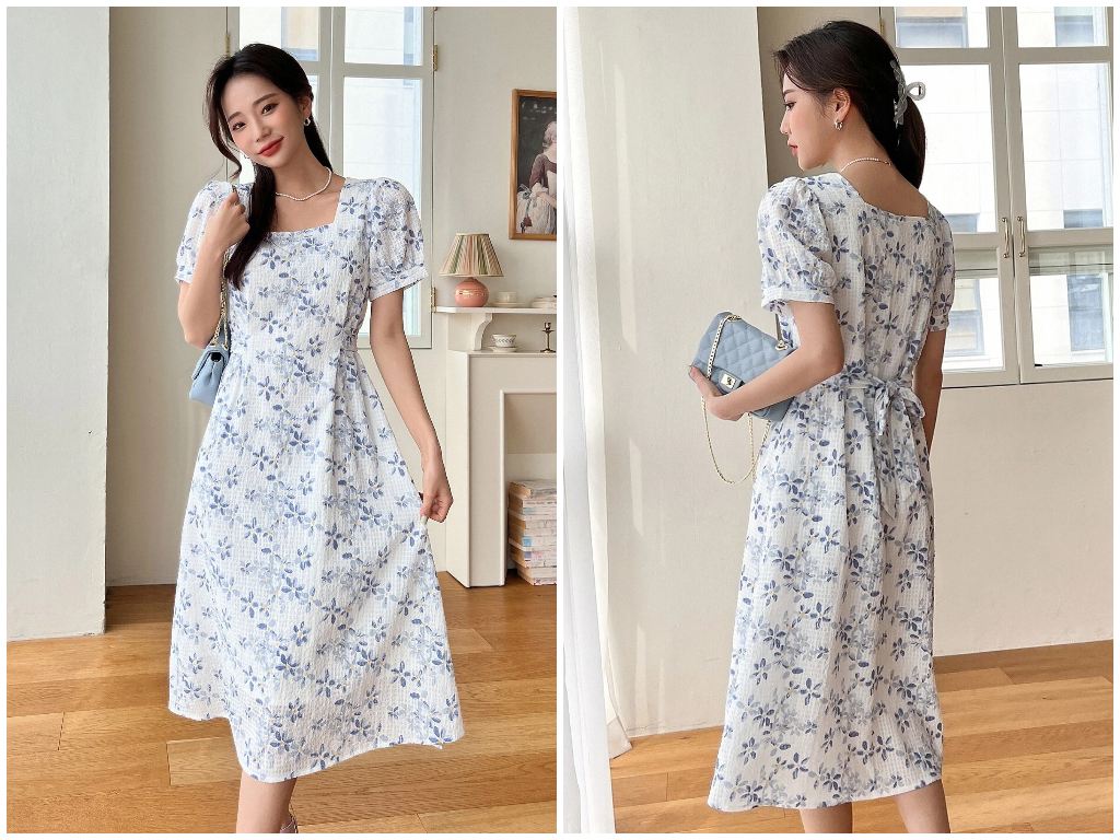 4、DAZY Allover Floral Print Square Neck Puff Sleeve Tie Back Dress