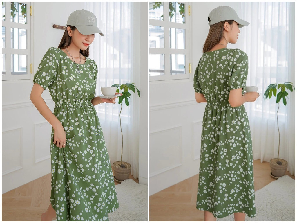 2、DAZY Ditsy Floral Print Puff Sleeve Dress