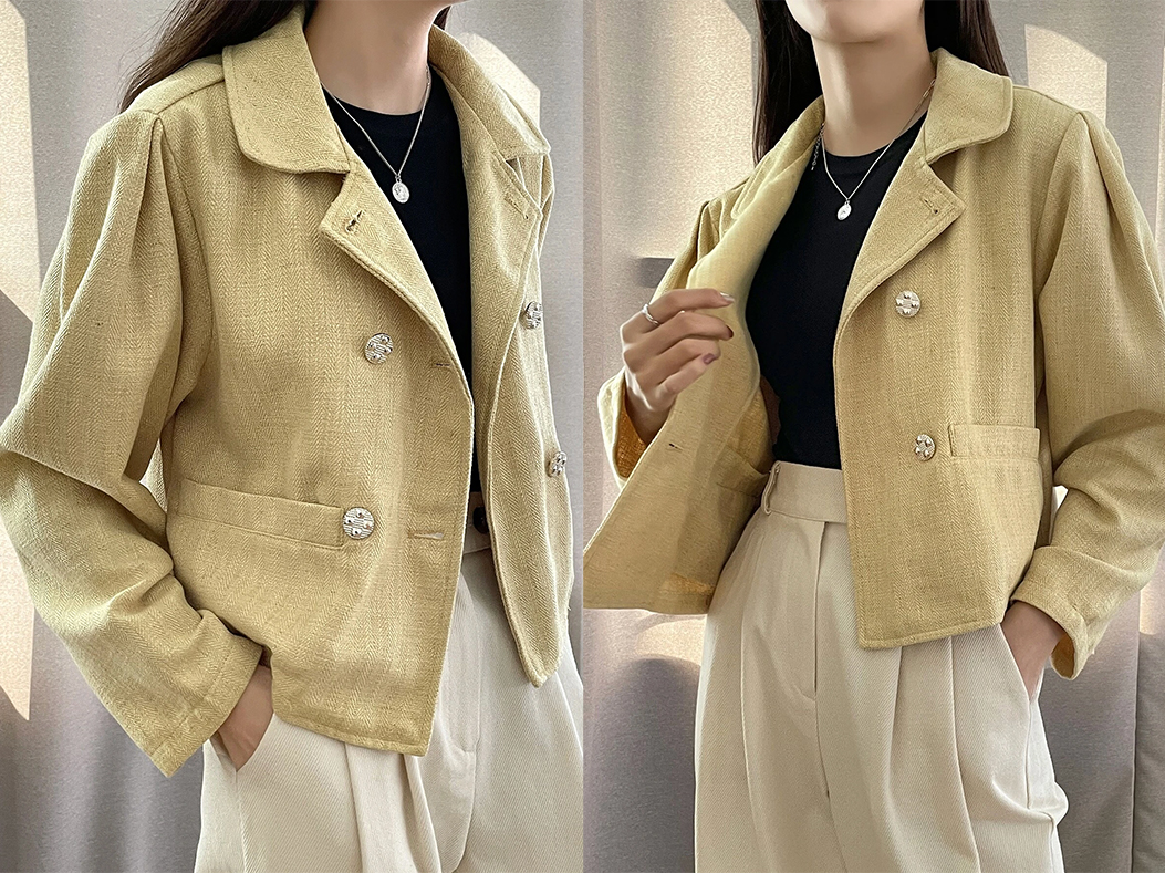 7、DAZY Double Breasted Puff Sleeve Tweed Overcoat