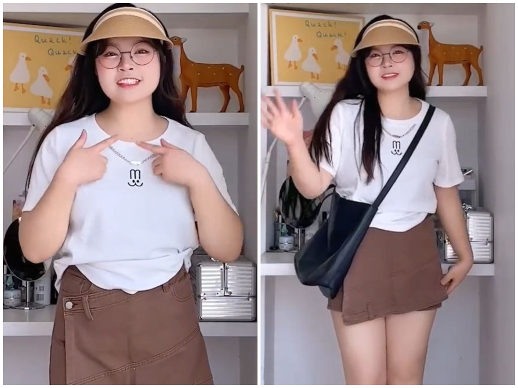 Look 1:基础白 T + 巧克力色裤裙