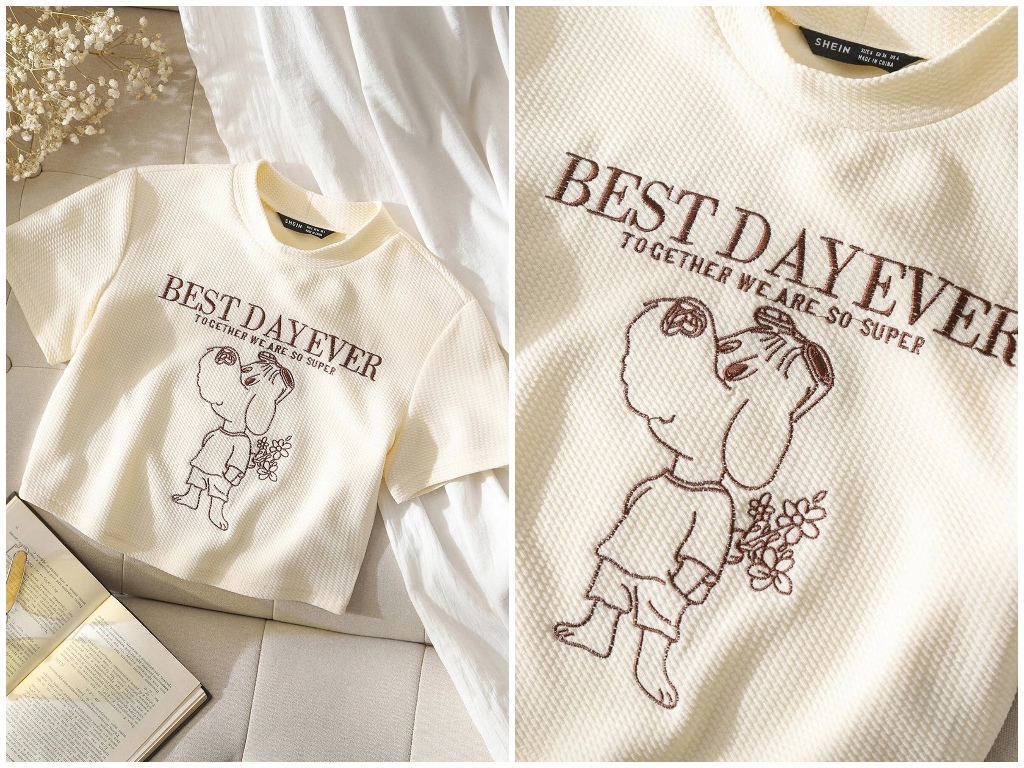 6、Slogan & Cartoon Embroidered Waffle Knit Tee