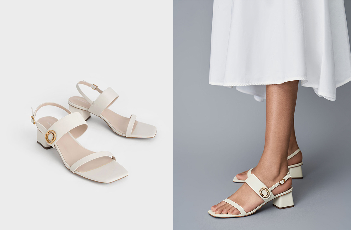 5、Metallic Accent Trapeze Heel Sandals