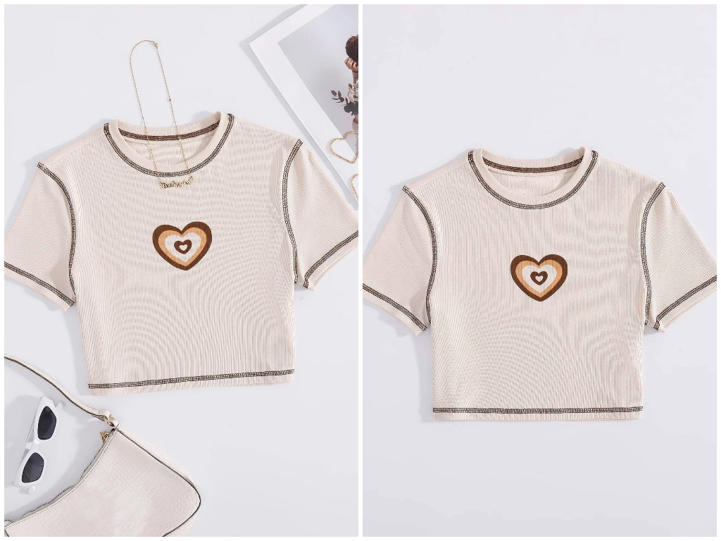 5、Heart Print Rib-Knit Crop Tee