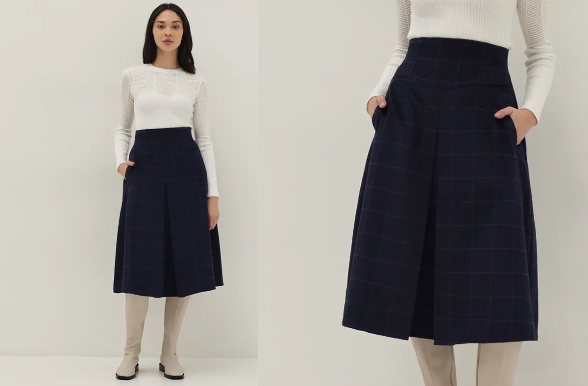 4、Madelyn Windowpane Plaid Wool Blend Skirt