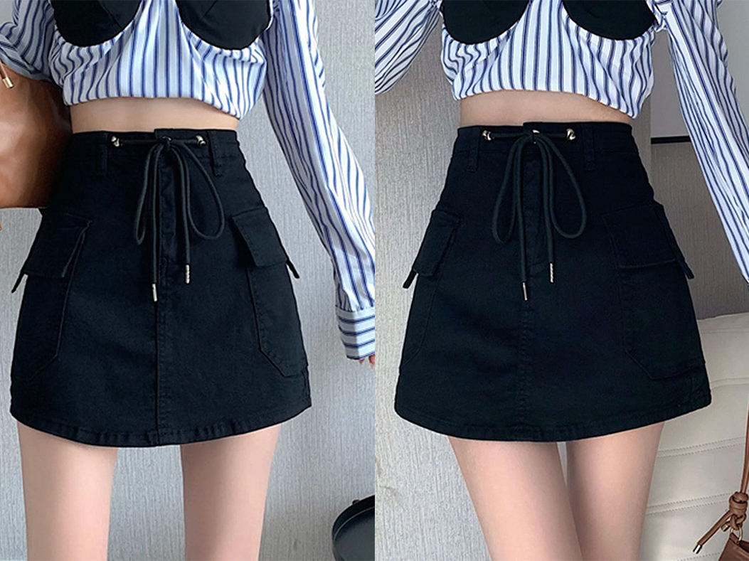 6、Honeyspot Solid Drawstring Waist Flap Pocket Denim Skirt