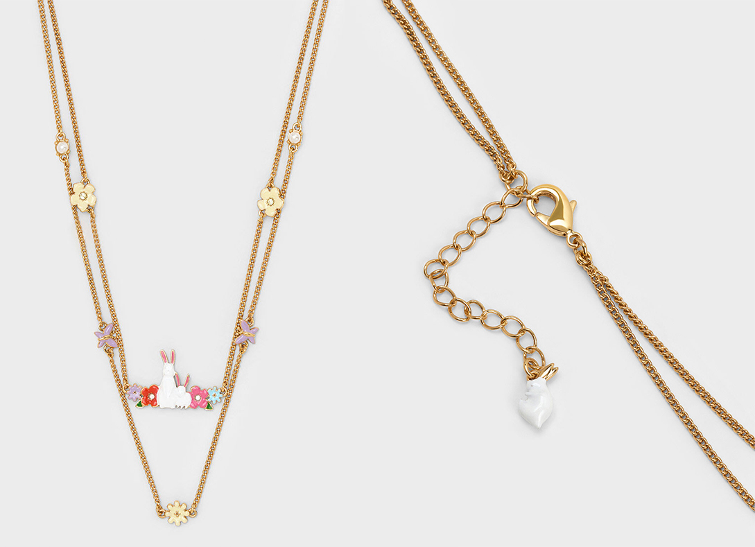 5、Rabbit & Flower Double Necklace - Multi