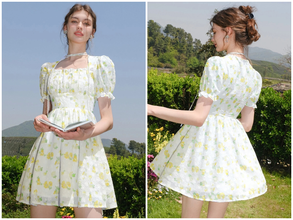 7、Floral Print Puff Sleeve Ruched Bust Dress