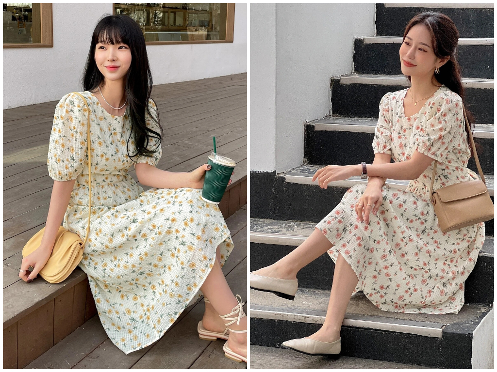 6、DAZY Allover Floral Print Puff Sleeve Tie Back Dress