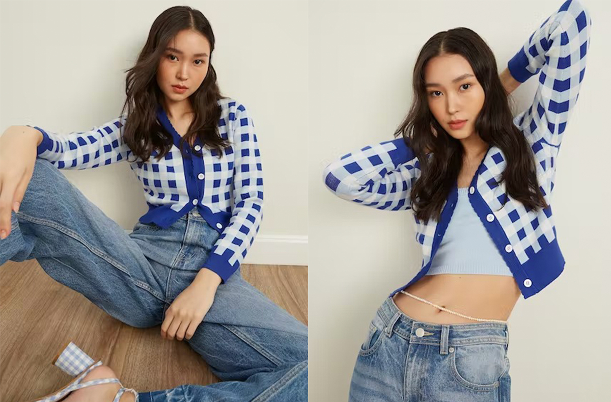 3、Plaid Pattern Knit Crop Cardigan