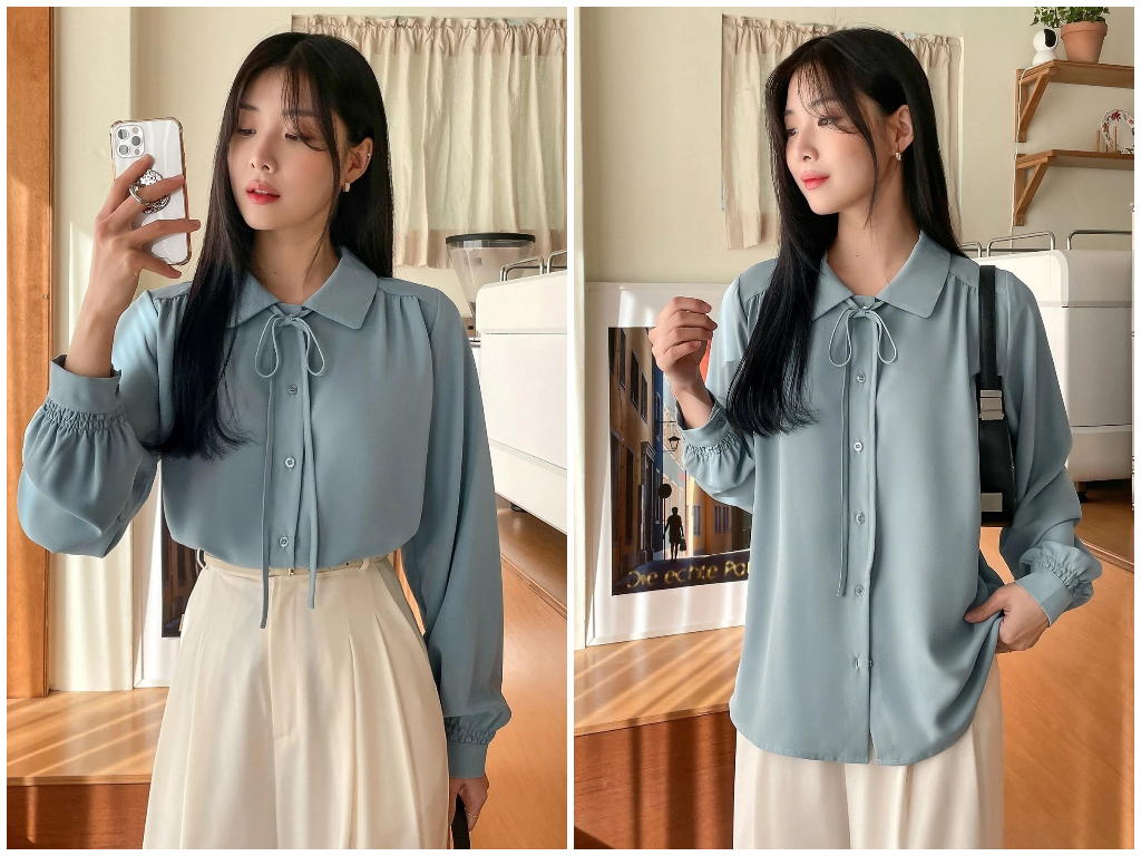 4、DAZY Knot Front Lantern Sleeve Single Breasted Shirt