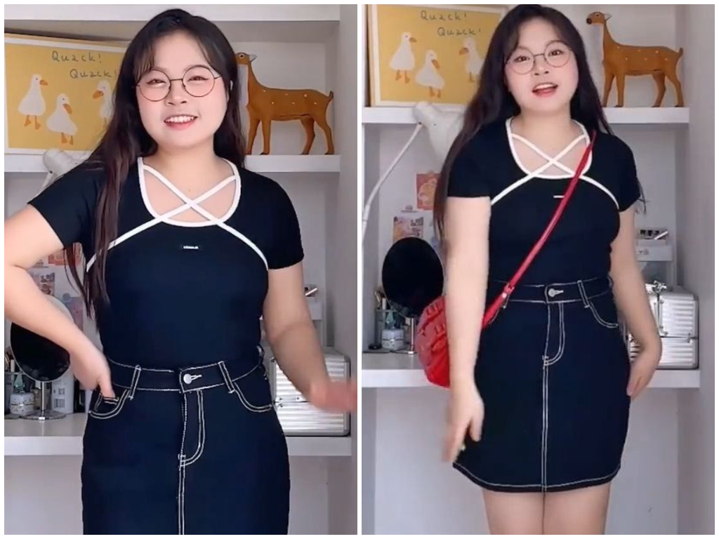Look 5:交叉撞色 T + 牛仔裙