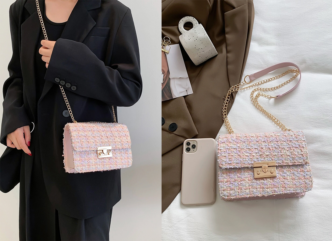 3、Mini Plaid Pattern Tweed Flap Square Bag