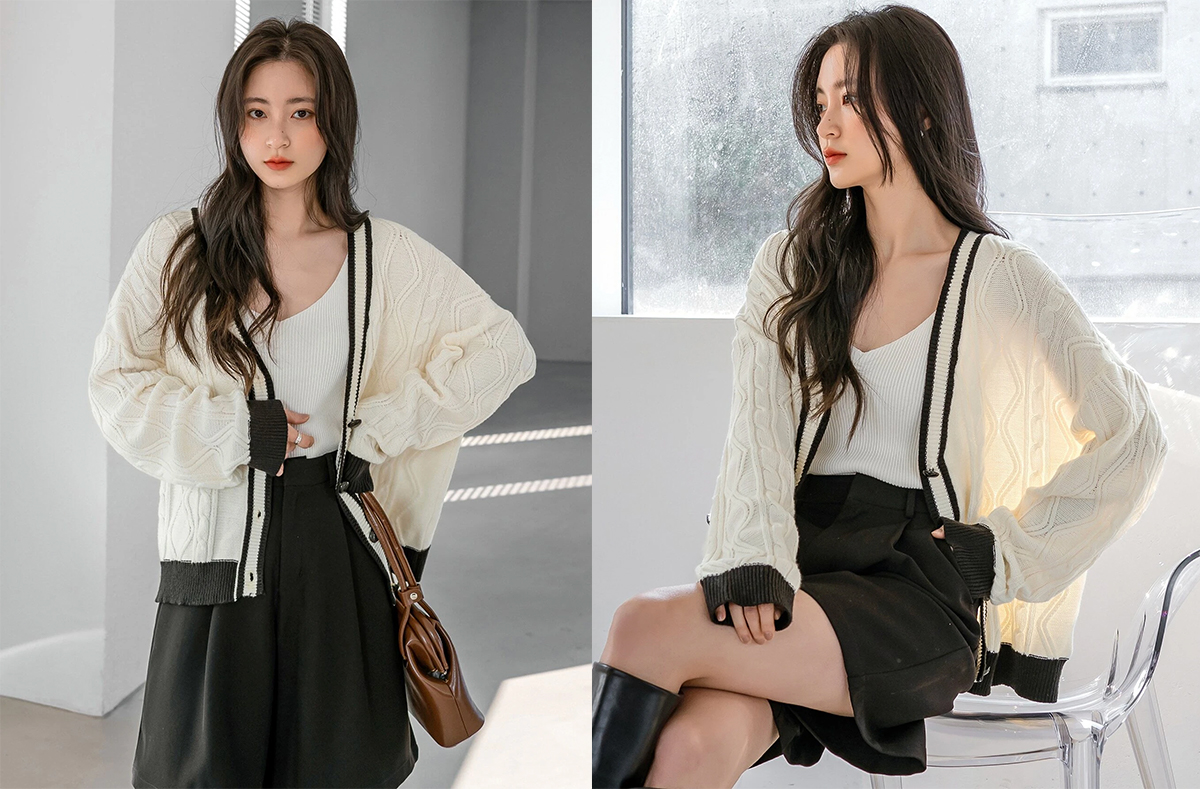 5、Dazy-Less Cable Knit Drop Shoulder Contrast Trim Cardigan