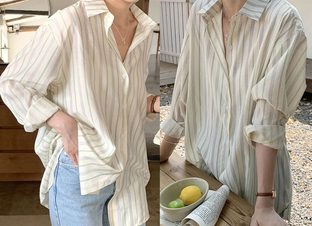1、Honeyspot Vertical Stripe Drop Shoulder Oversized Shirt