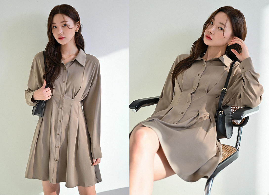 2、DAZY Fold Pleated Detail Button Front Shirt Dress