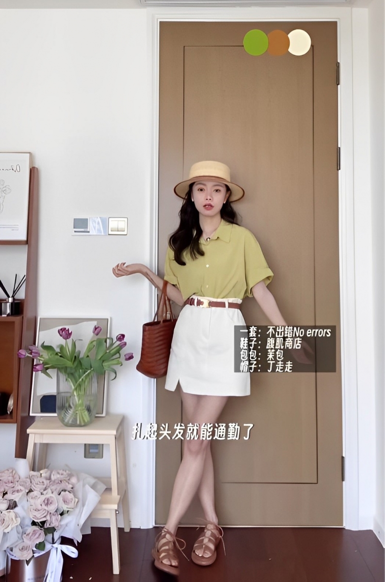 芥末绿这个颜色对黄皮女生相当友好，自带「显白效果」