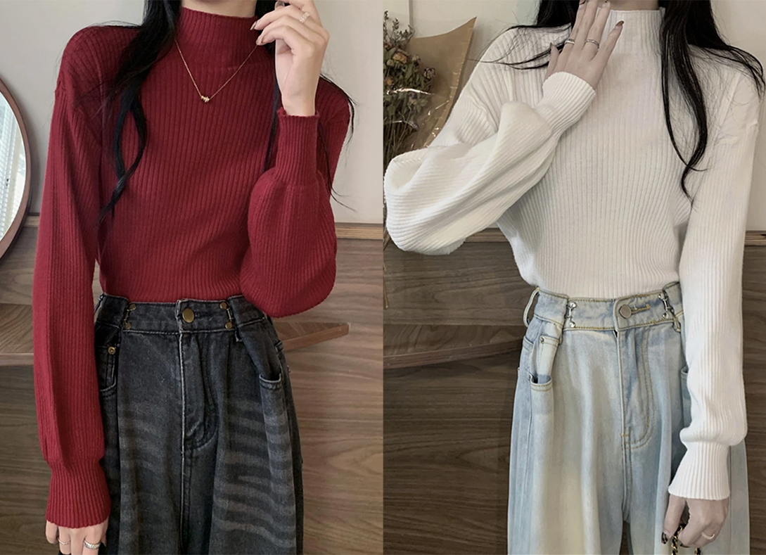 5、Honeyspot Solid Mock Neck Drop Shoulder Ribbed Sweater