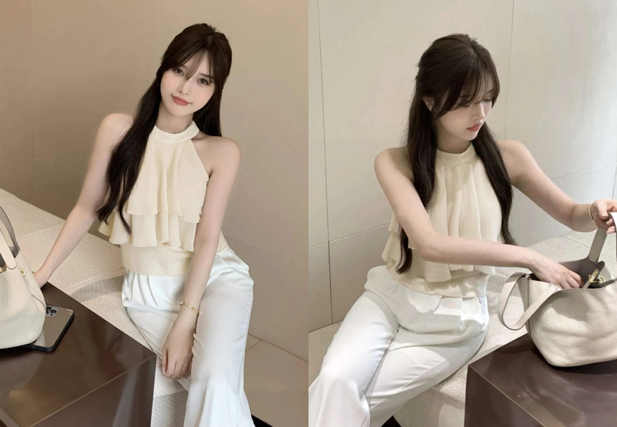 2、Honeyspot Solid Layer Ruffle Trim Halter Top