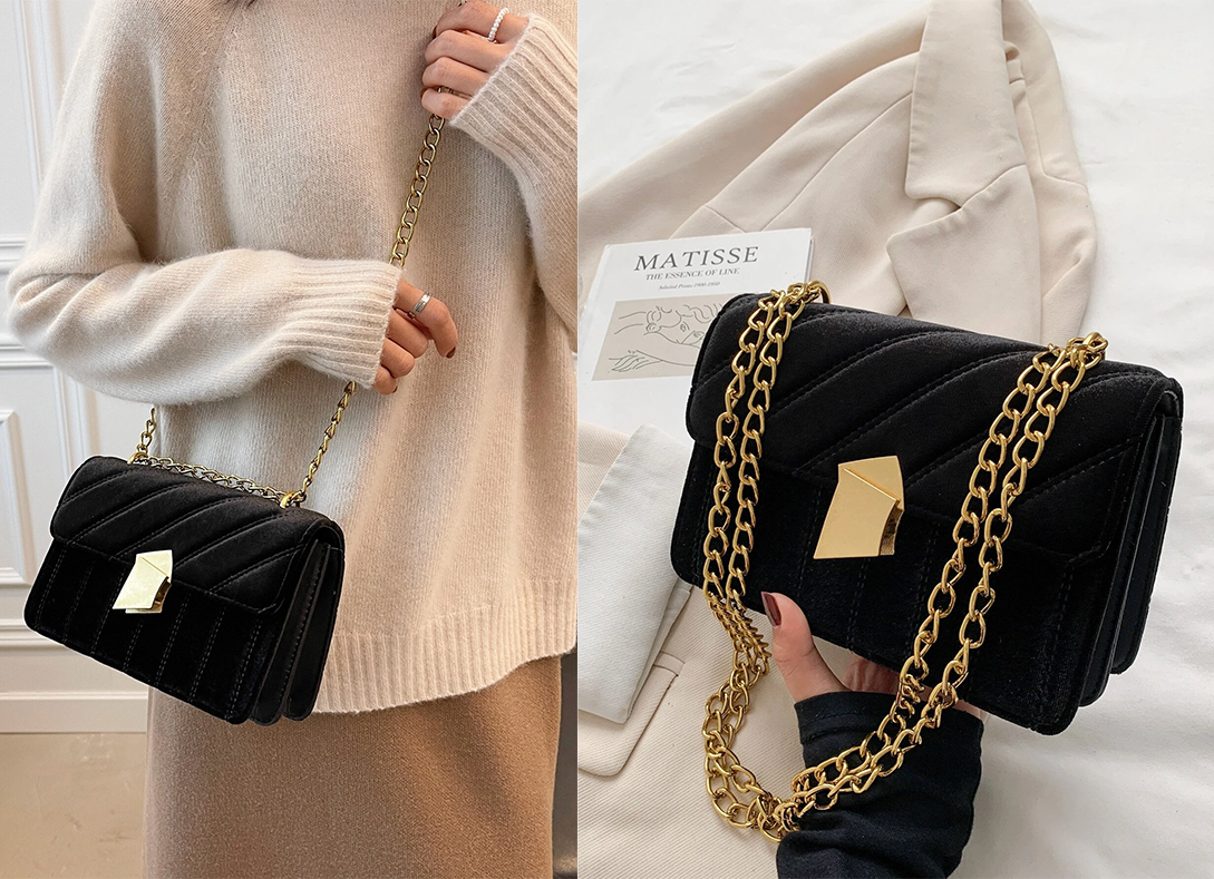 5、Velvet Metal Decor Flap Square Bag