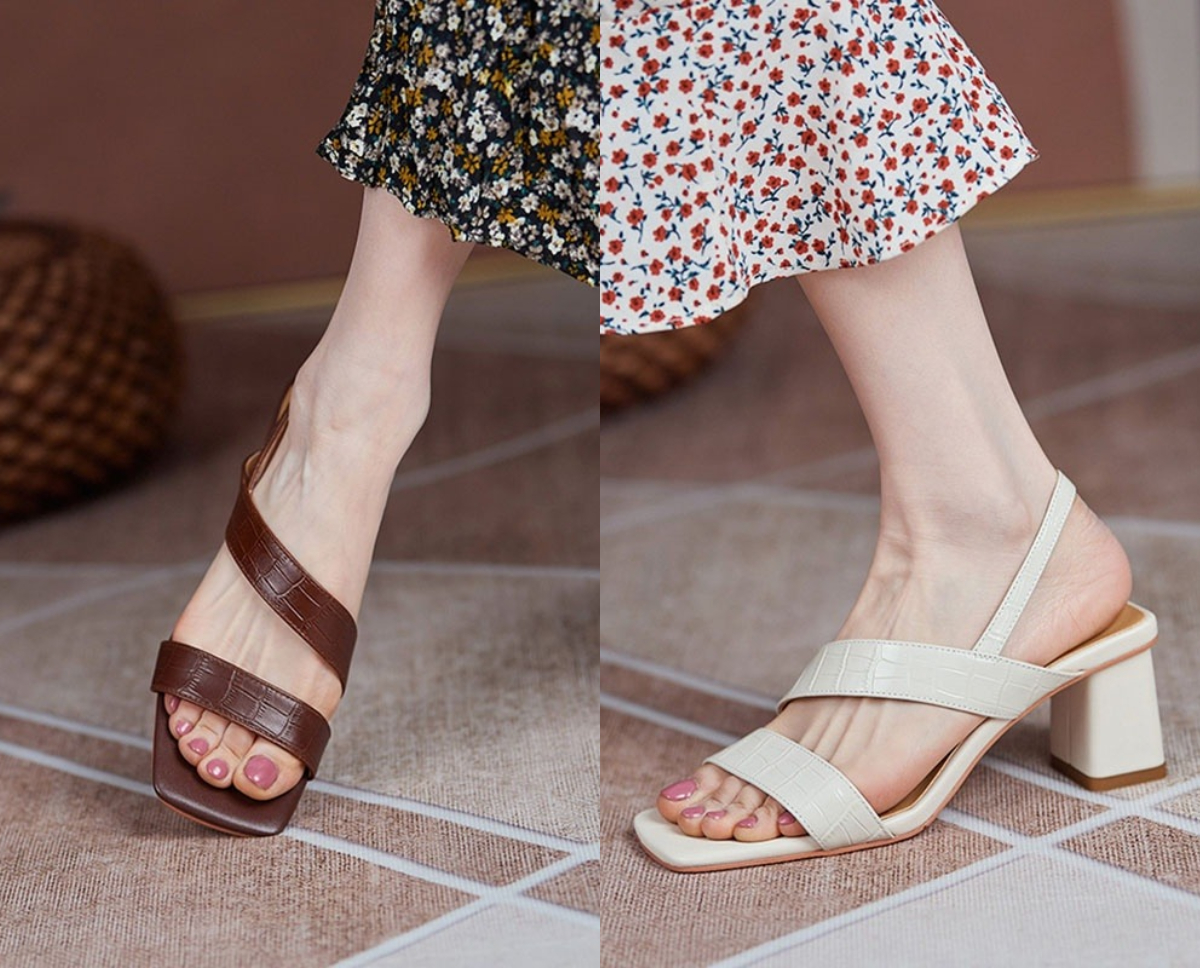 8、皮质鞋带粗跟凉鞋