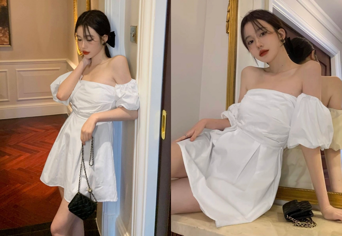 8、Honeyspot Solid Bardot Ruched Detail Puff Sleeve Dress