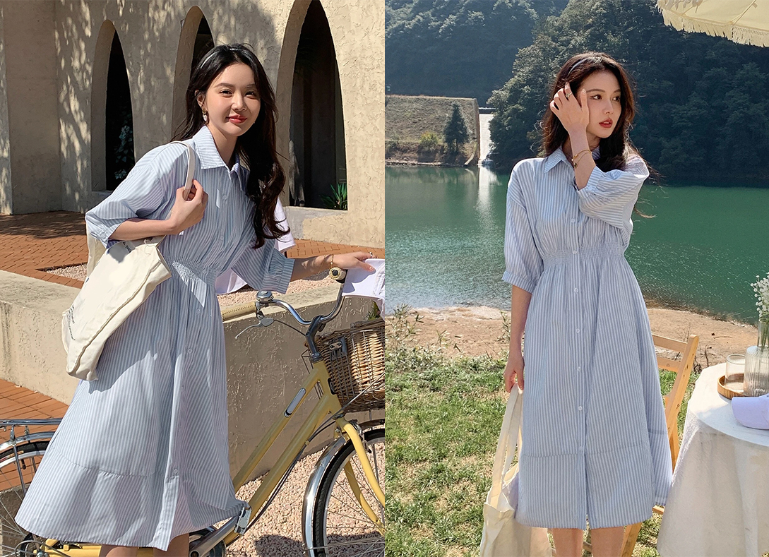 6、DAZY Vertical Striped Ruffle Hem Shirt Dress