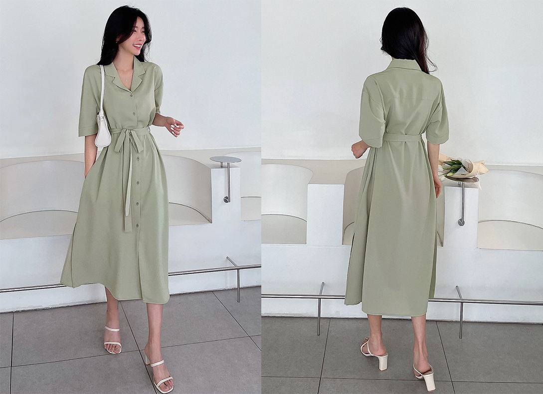 5、DAZY Lapel Neck Belted Shirt Dress
