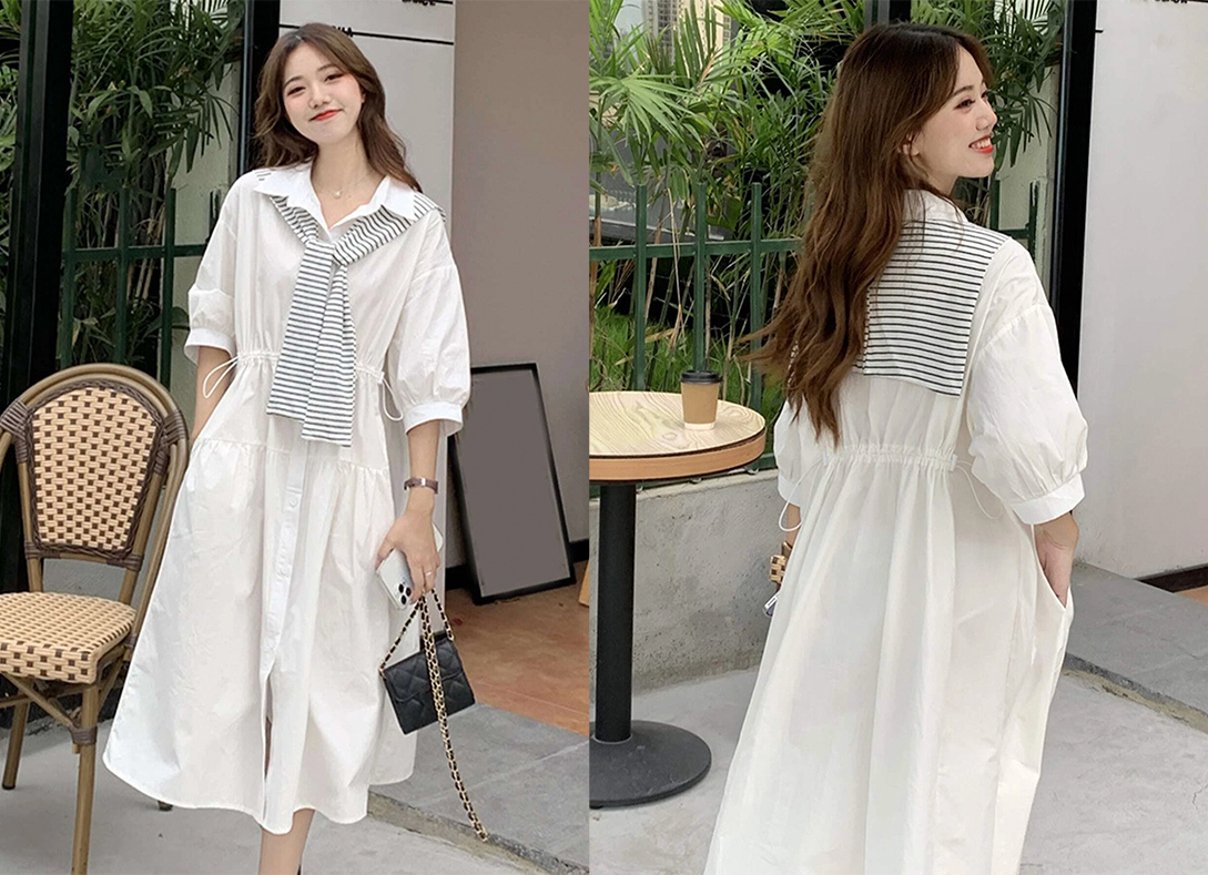 4、Honeyspot Solid Drop Shoulder Shirt Dress With Striped Shawl