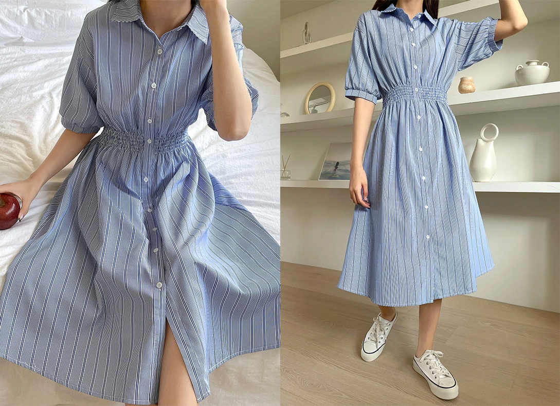 1、DAZY Striped Drop Shoulder Shirred Waist Shirt Dress