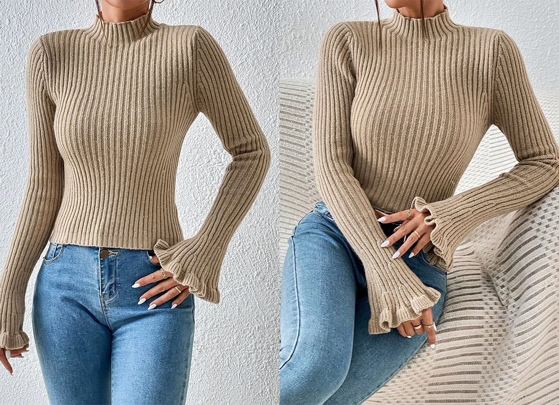 6、Mock Neck Flounce Sleeve Sweater